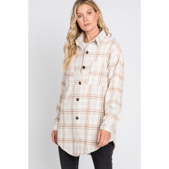 SOLD OUT Beige Plaid Flannel Oversized Shacket Shirt Jacket - Picture 9 of 9